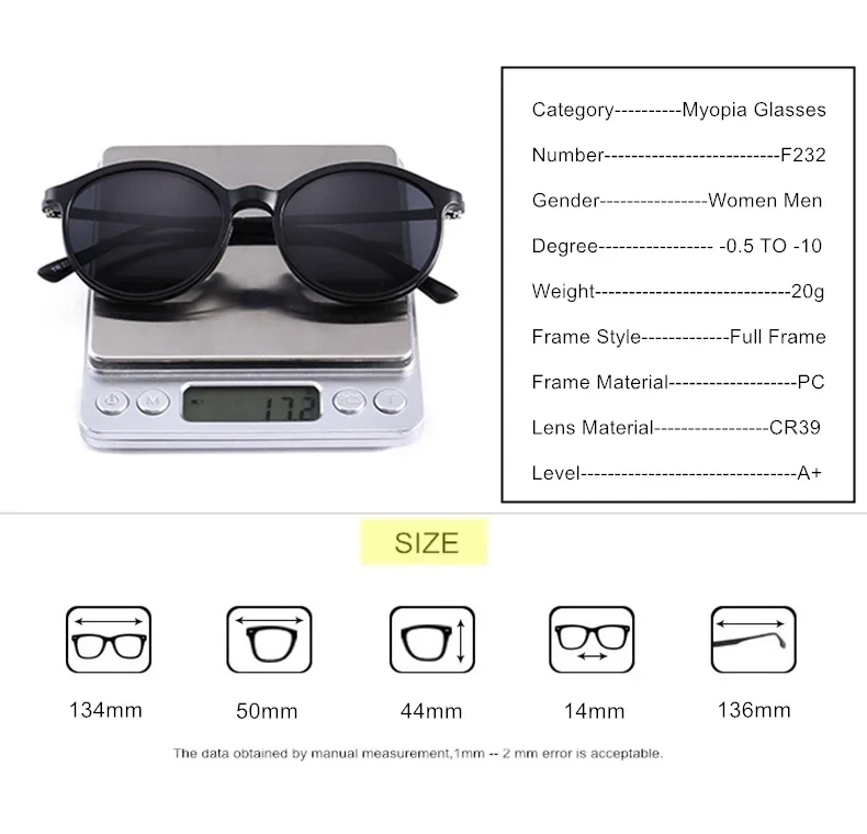 Magnet Clip Sonnenbrillen Und Brillen Set Myopie-0,5 Zu-10 Männer Frauen Mode Runde Rahmen Kurzsichtig Brille f232 – Detail 13