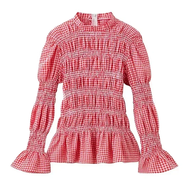 TRAF t-Shirt da donna primavera 2024 Plaid Ruffle Top o-collo manica lunga Top elegante All-Match Streetwear Shirt camicie stile coreano