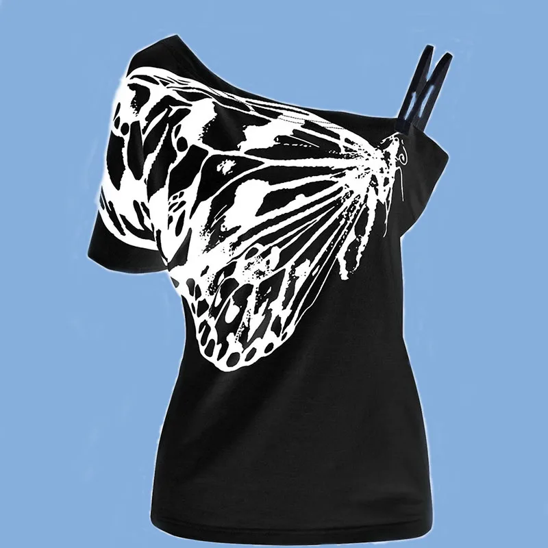 BIG PROMOTION Y2K European and American retro summer women's new butterfly print irregular off shoulder strap sexy T-shirt