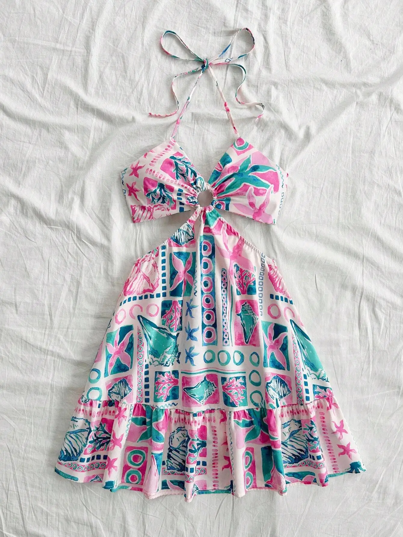 

Women's Halter Bow Tie Beach Bohemian A-Line Dress With Ocean Print