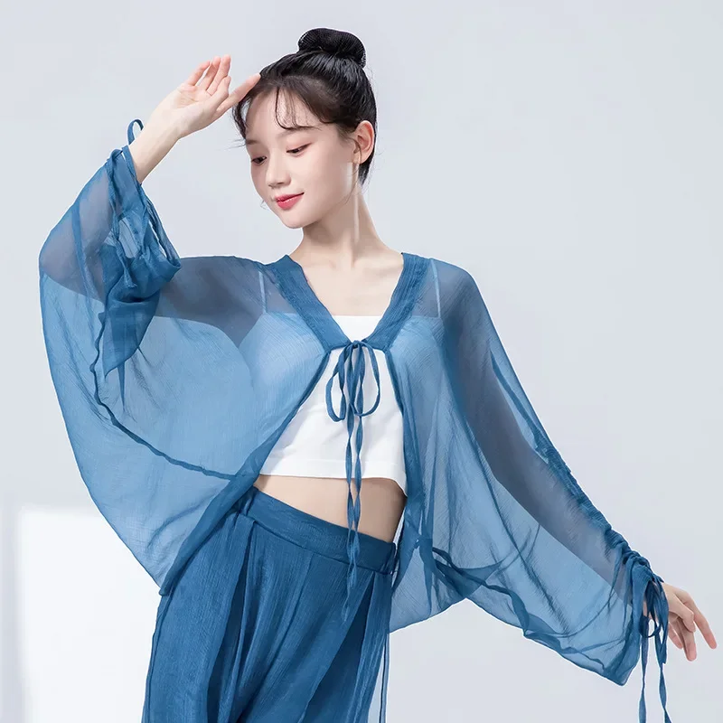 

Женский топ для классических танцев, широкий кардиган с рукавами «летучая мышь», струящийся завязанный кардиган, костюмы для китайских народных выступлений, свободная блузка-арри, танцевальная одежда