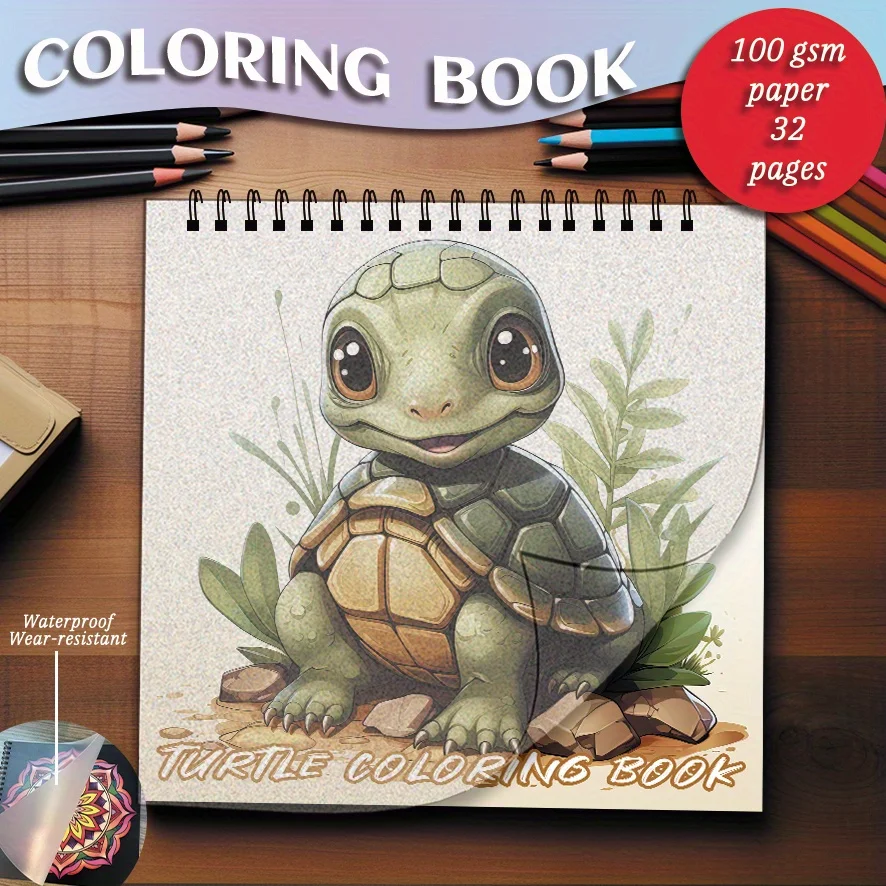 

Adorable turtle coloring book - 7.87 x 7.87 inches, 32 pages. Perfect as an ideal gift for family or friends.