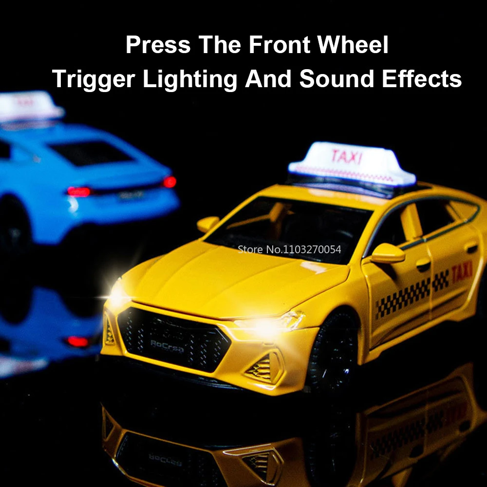 1/32 RS7 Taxi Car Model Toy Simulation Alloy Diecast Metal Body Sound Light Pull Back Function Vehicle Kids Decorative Ornaments