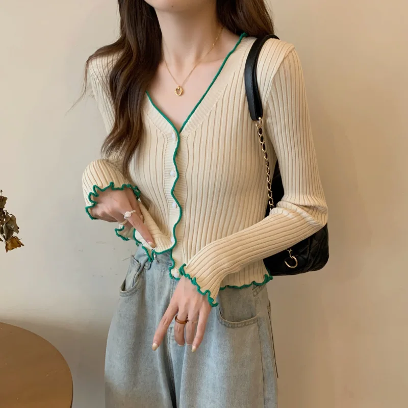 Women's autumn and winter soft color-blocking lace collar base layer, high-end outerwear long-sleeve knitted sweater