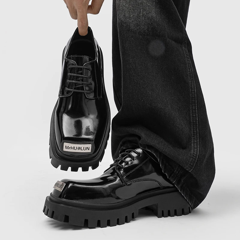Classic Men Derby Shoes Black Casual Thick-soled Durable Designer Fashion Big-headed Leather Shoes Gentleman Social Shoes Men