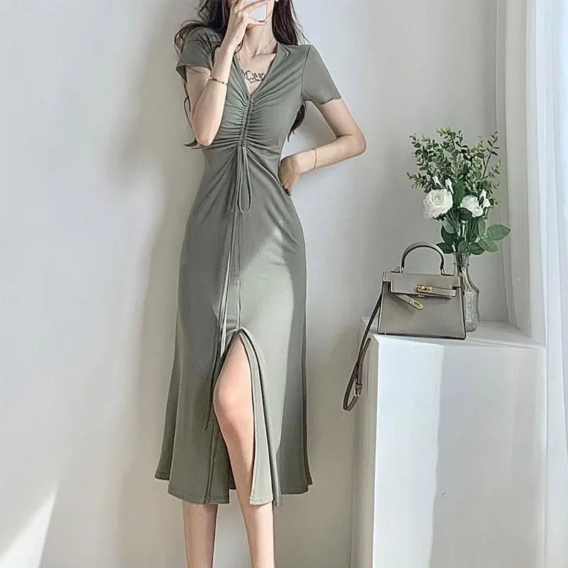 Solid Drawstring Pleated Slim Sexy Women Short Sleeve Dresses Split Hem Fashion Trend Mid Length Dress Summer New Women Clothing