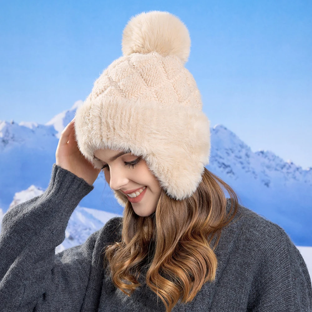 

HT4472 Women Winter Cap Hat Ladies Thick Warm Snow Ski Earflap Cap Female Knitted Beanie Hat Fleece Lined Fur Pompom Russian Hat