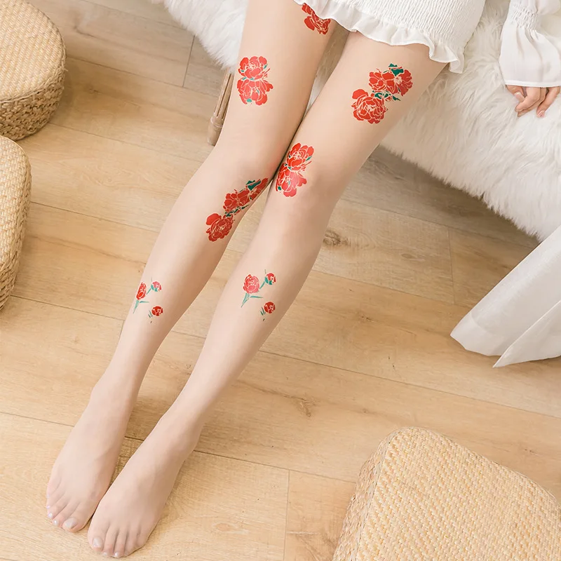 Women Printed New Peony Flower Pattern Pantyhose Floral Non laddering fabric tights Style Silk Stockings Not Hook Matching Skirt