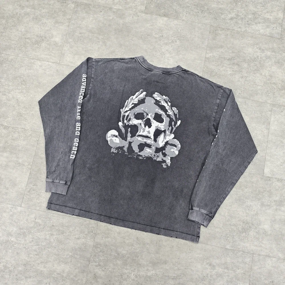 Yao Fashion SAINT OF MICHAEL Washed Old Retro Loose Baggy High Street Casual Simple Style Tops Long Sleeve T Shirt For Men
