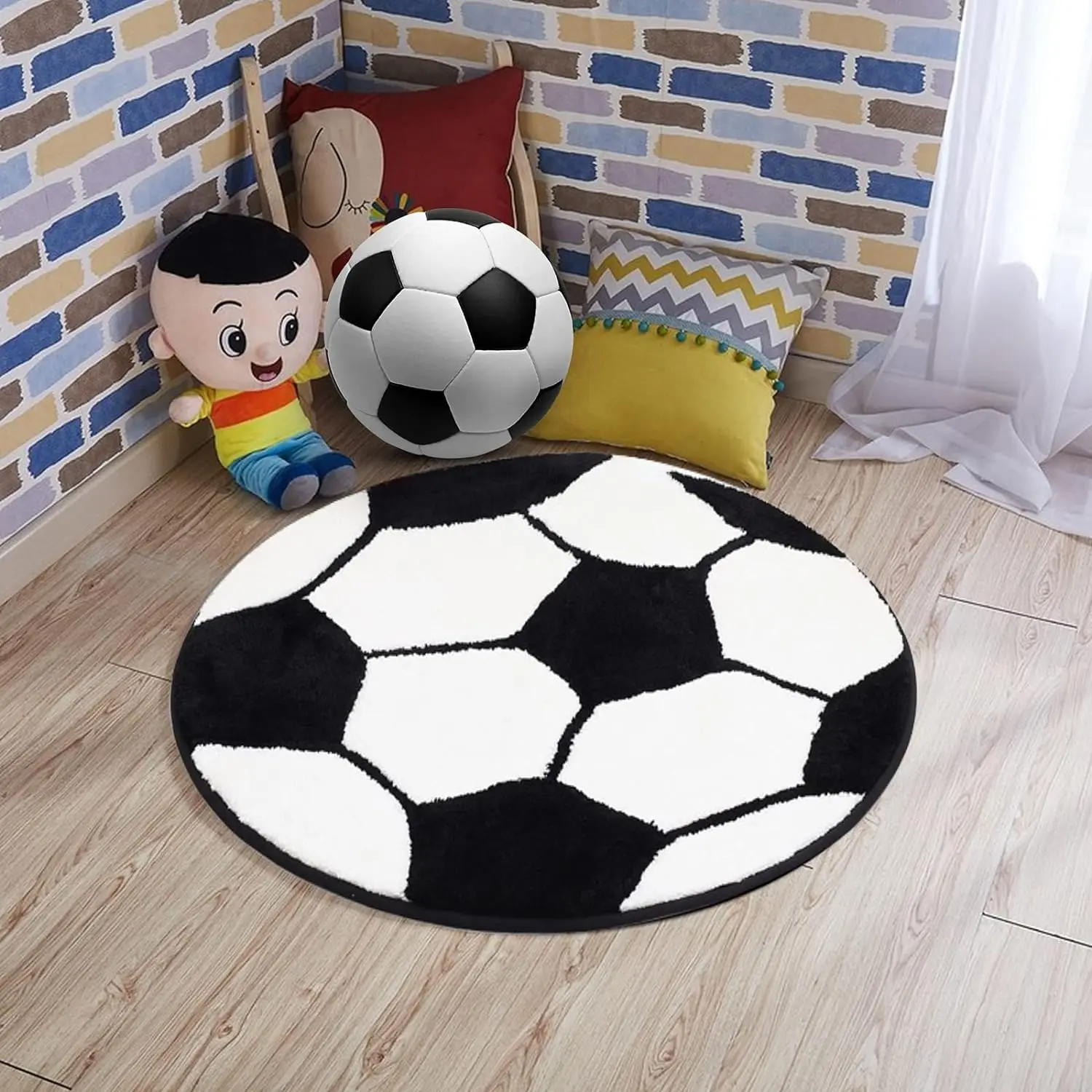 Soccer Rug Soft and Comfy Sports Themed Round Area Rugs Bedroom Living Room Carpet, Soccer Themed Room for Kids Bedroom