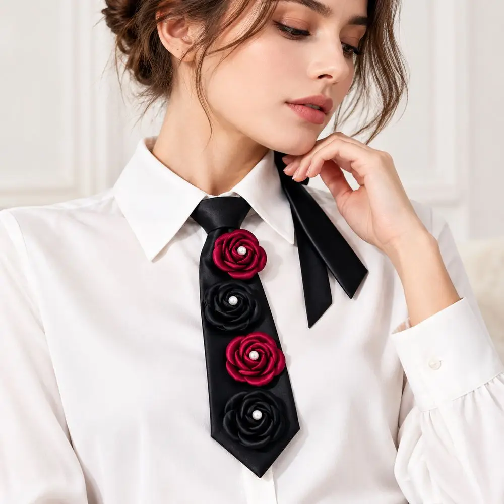 Decorative Neck Tie Floral Neck Tie 3D Rose Appliques Satin Fabric Rose Neck Tie Hand-Tied Style Zipper Closure Satin Ribbon Tie