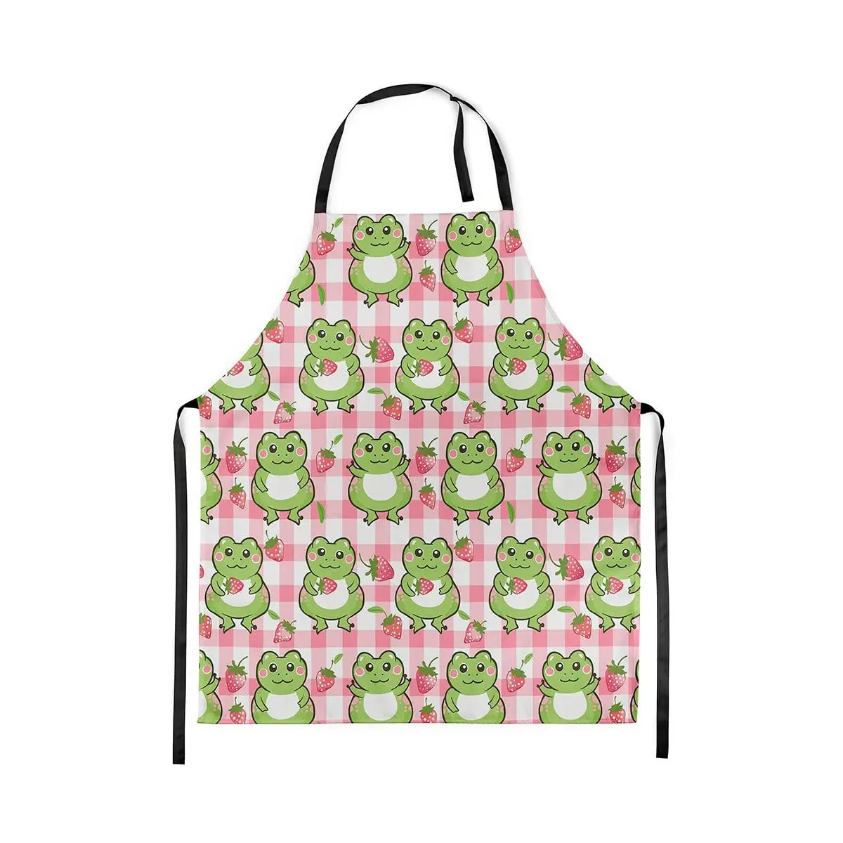 

Cartoon Frog Kitchen Apron Cute Strawberry Watercolor Plaid Apron for Adults Lovely Funny Pond Animal Waterproof Apron