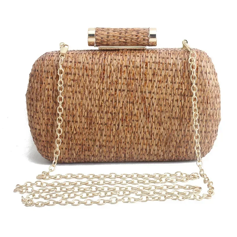 Summer Fashion Hand-woven Straw Bag Women Metal Clutches Chain Shoulder bag Crossbody Bags Ladies Party Evening Clutch Purse sac