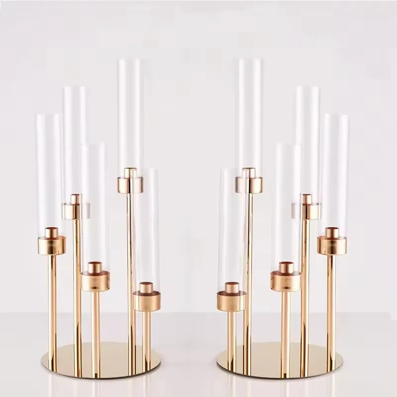 

10Pc Gold Small 5 heads Candle Holder Centerpiece, Metal Table Stand with Acrylic Cover, Perfect Weddings and Home Decor
