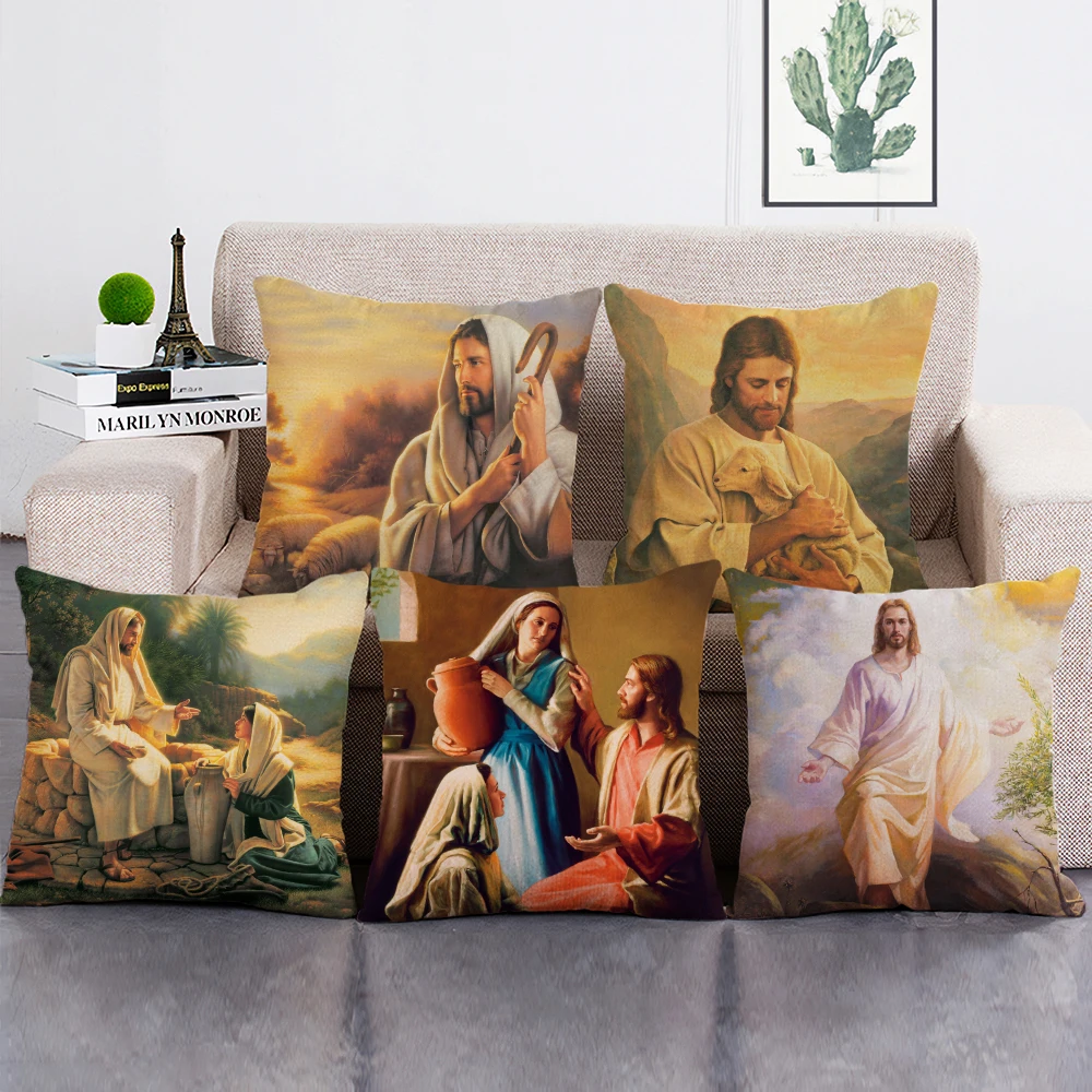 

Jesus Christ Oil Painting Art Cushion Cover Religious Belief Decorative Pillowcase 45x45CM Throw Pillow Case for Home Decor