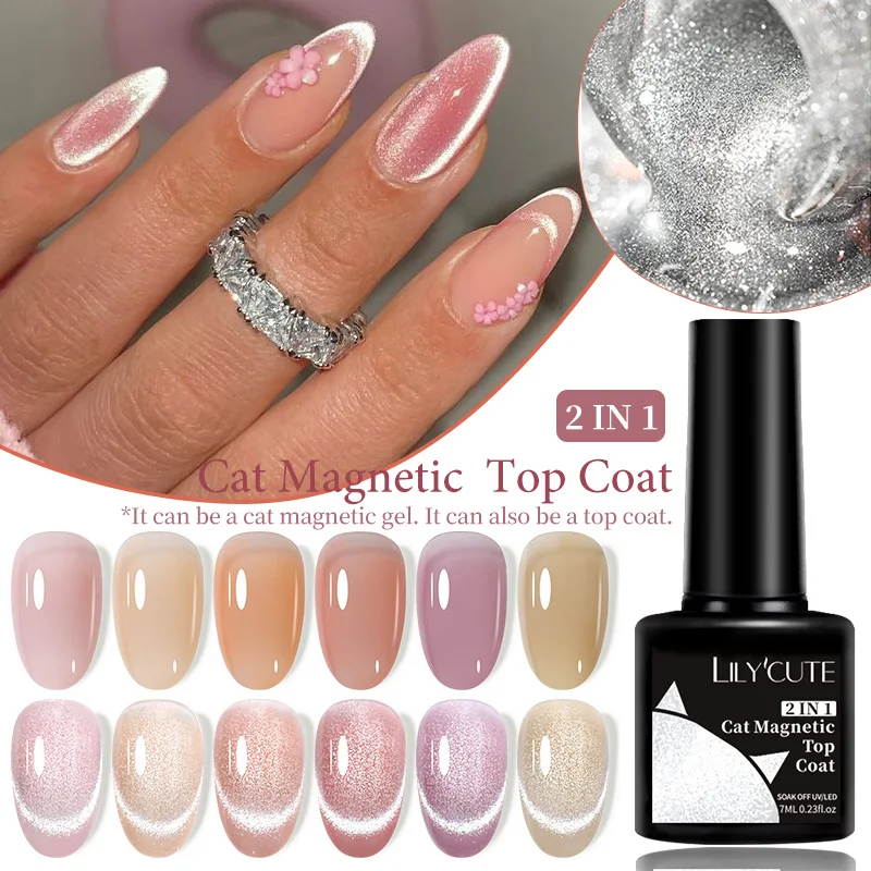 LILYCUTE Silver Light Cat Magnetic Top Coat Gel Nail Polish Water Light Sparkling Effect Colorful Reflective Nail Art UV Varnish