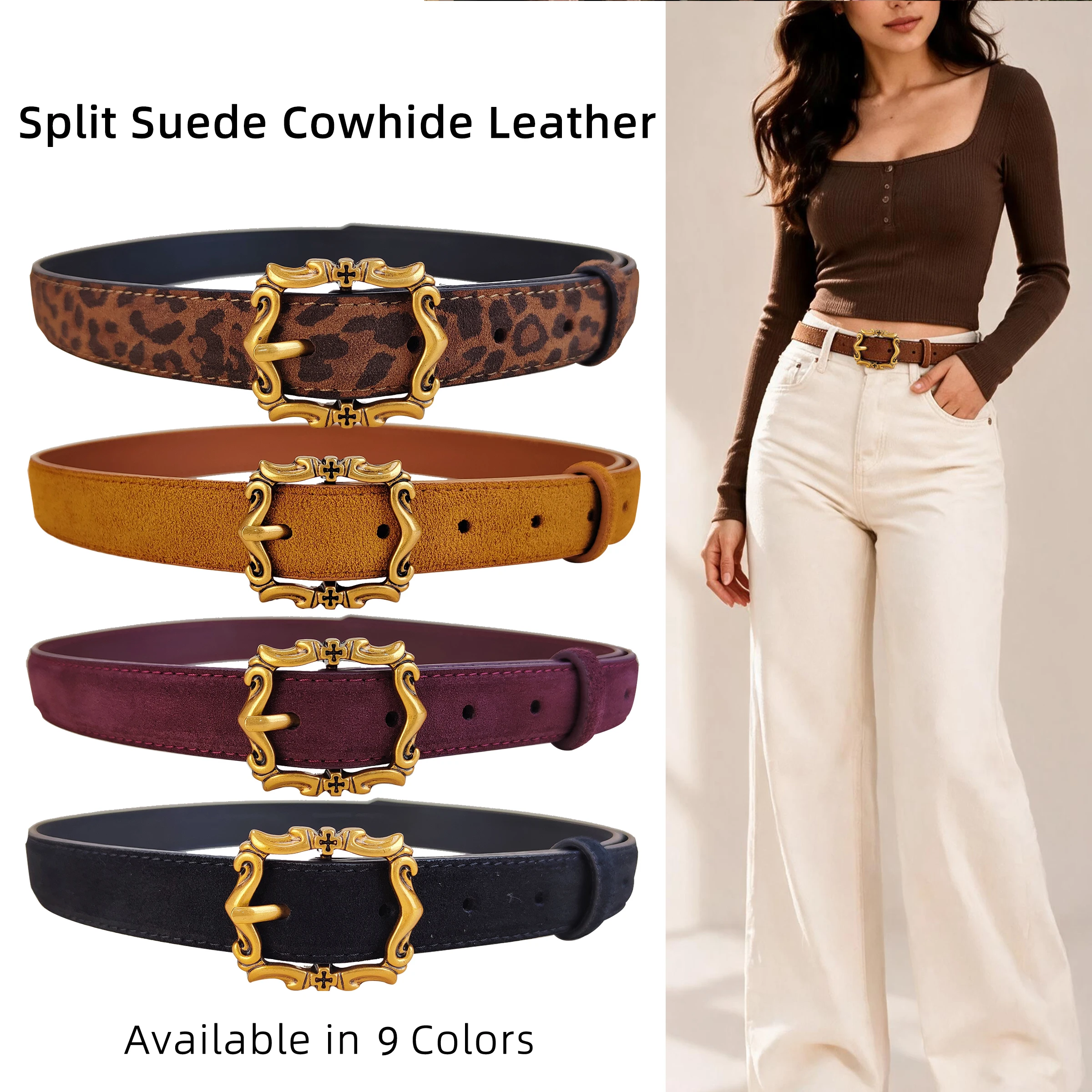 Women Suede Slim Belt Vintage Baroque Carved Alloy Pin Buckle Suede Craft Waist Belt for Jeans & Dresses
