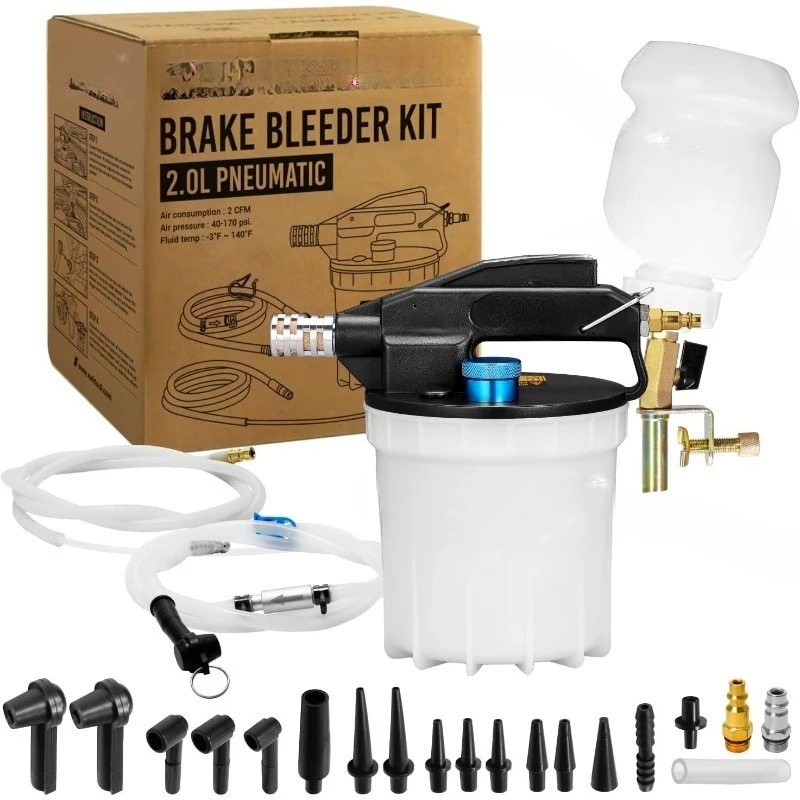 

23 pcs Pneumatic Brake Bleeder Kit, 2L Vacuum Pump + 1L Brake Fluid Refilling Bottle