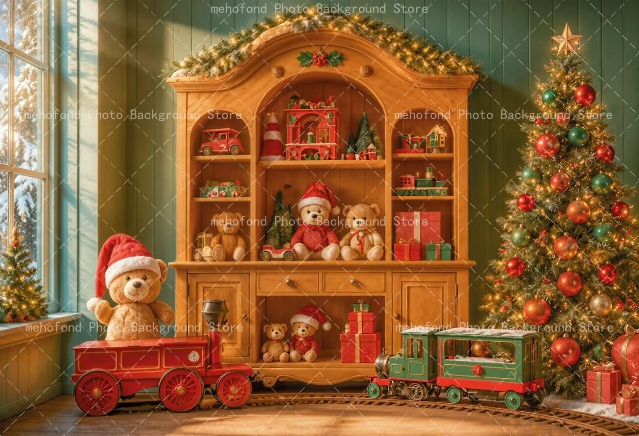 Mehofond Cute Bear Christmas Photography Background Xmas Tree Fireplace Moonlight Kid's Birthday Party Family Portrait Decor