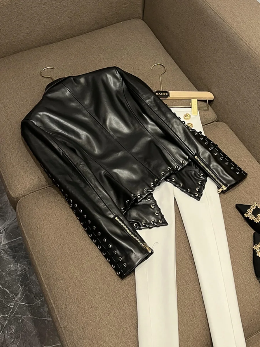 Faionable Star Sle Heavy Du Abrigo de traje Jaet de cuero ajustado con cinturón A20655ZB Commute Sle Cuero sintético Largo S...