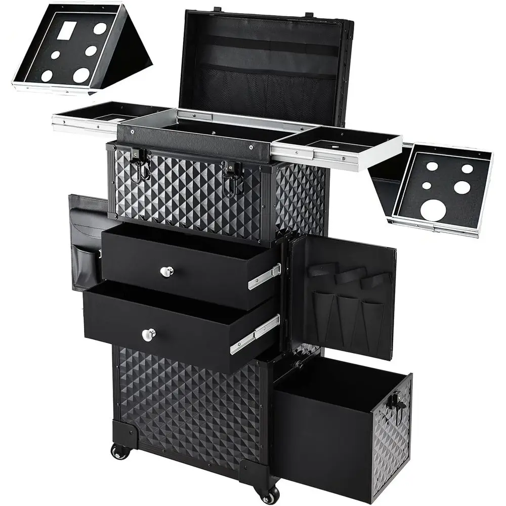 

Портативный запираемый косметичка с колесами для стилистов и художников, держатель для фена, идеально подходит для салона, парикмахера и путешествий, черный