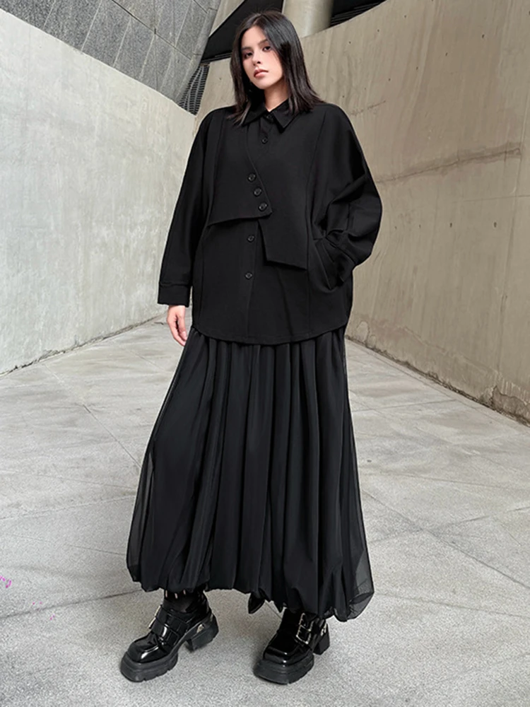YERMORA Black Fake Two Pieces Button Casual Blouse For Women Lapel Long Sleeve Loose New Shirt Fashion Spring Autumn 2026