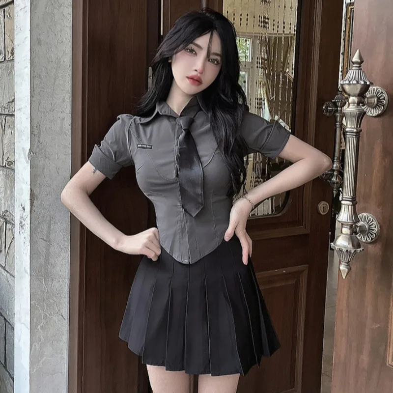 Gege's Online Celebri Sexy Preppy Short sleeve Slim fit Tie Shirt + High Waist Pleated Skirt Jk Uniform Two-piece Set