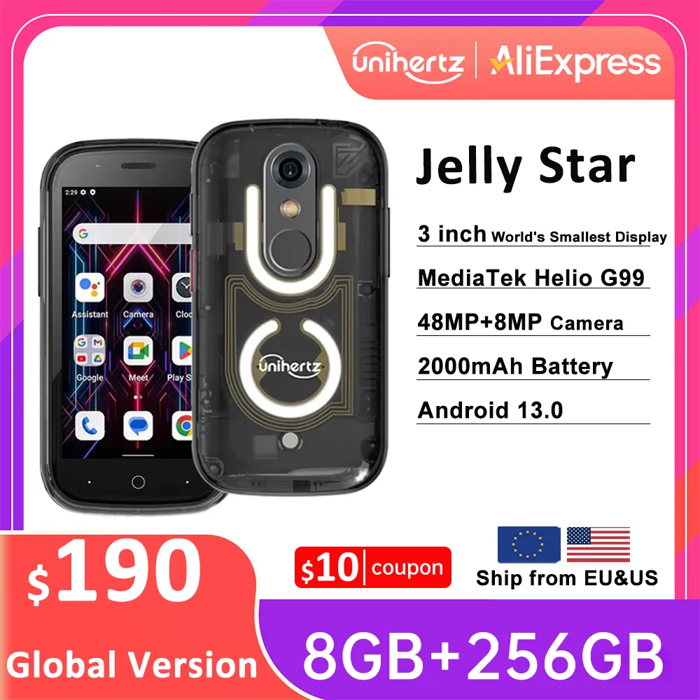 Unihertz Jelly Star Smallest Android 13 Smartphone 8GB 256GB Led Light Transparent Backshell Mobile Phone 48MP 3inch Cellphones