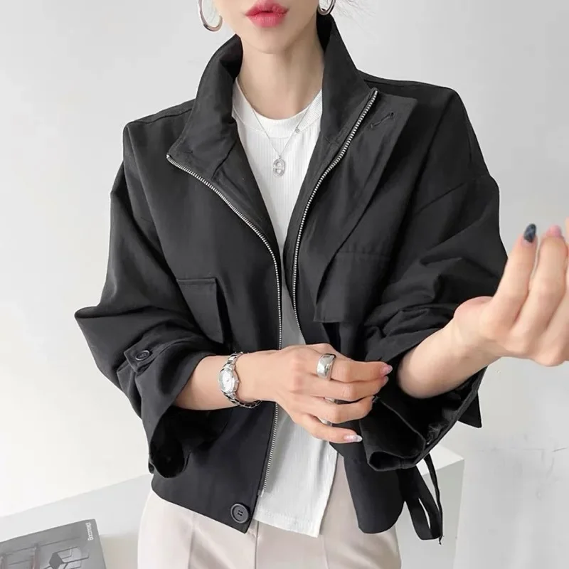 

2025 Autumn Collection Top Loose-Fit Long Sleeve Work Jacket Stand Collar Zip-Up Pocket Design Short Coat