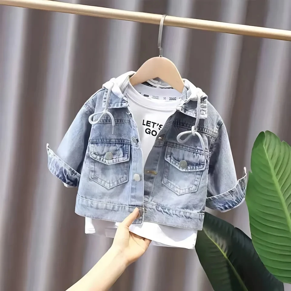 Spring and Autumn Children's Denim Coat Korean Version Boys and Girls Hooded Jacket Foreign Style Toddler Baby Jacket Top