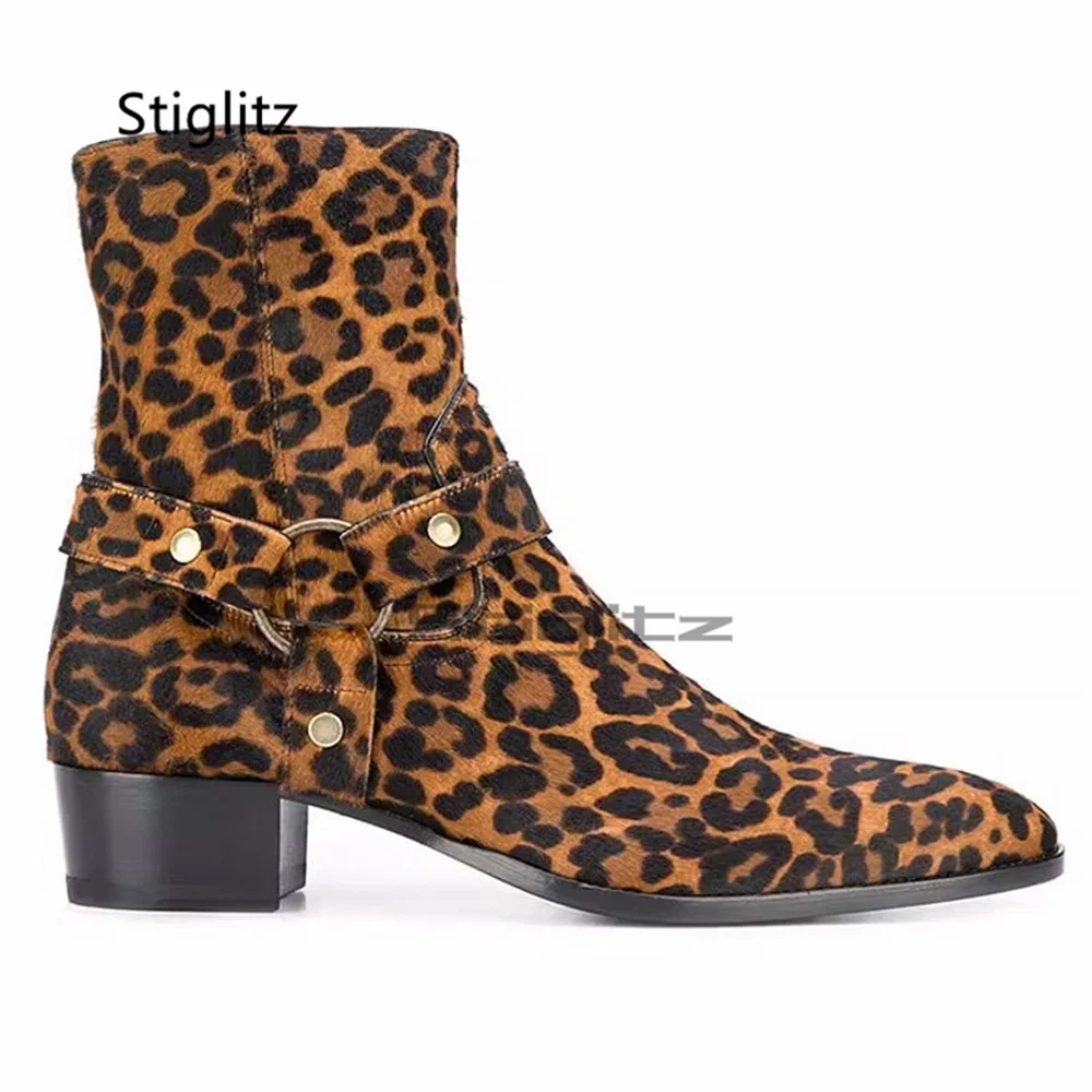 Men's Leopard Print Horse Chelsea Boots Metal Ring Buckle Strap Block Heel Pointed Toe High Top Ankle Boots Autumn Winter Shoes