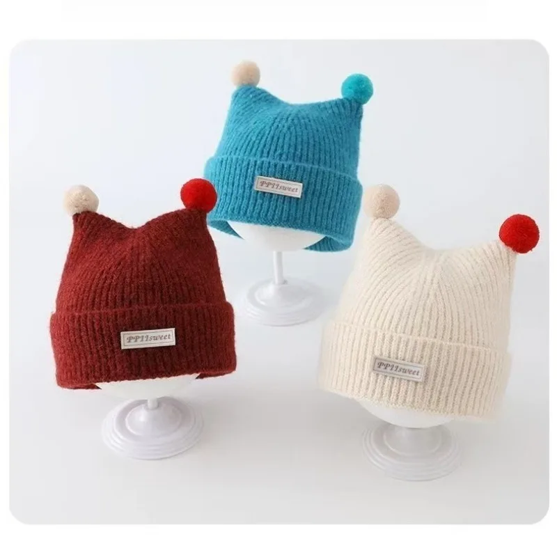 1-3 Years Autumn and Winter Warm Thickened Knitted Pullover Hat for Baby Boys and Girls Windproof Ear Protectors Wool Hat