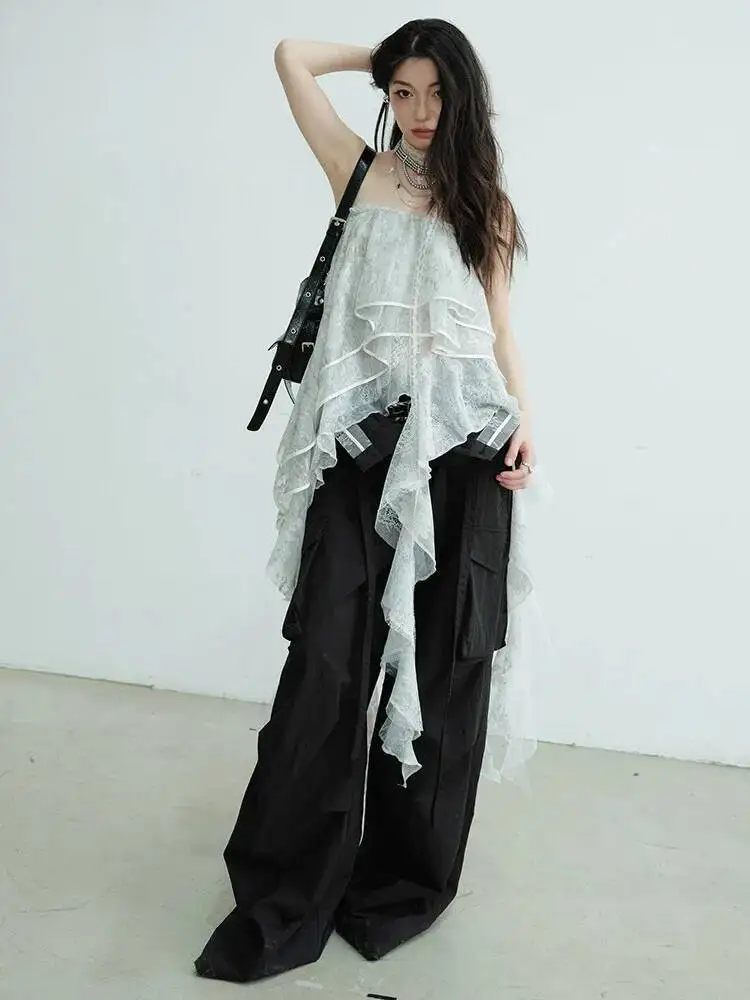 Printed High Quality Gray Women Light Lace Irregular Ruffles Tank Tops New Sleeveless Personality Fashion Spring Summer 2026 DN5