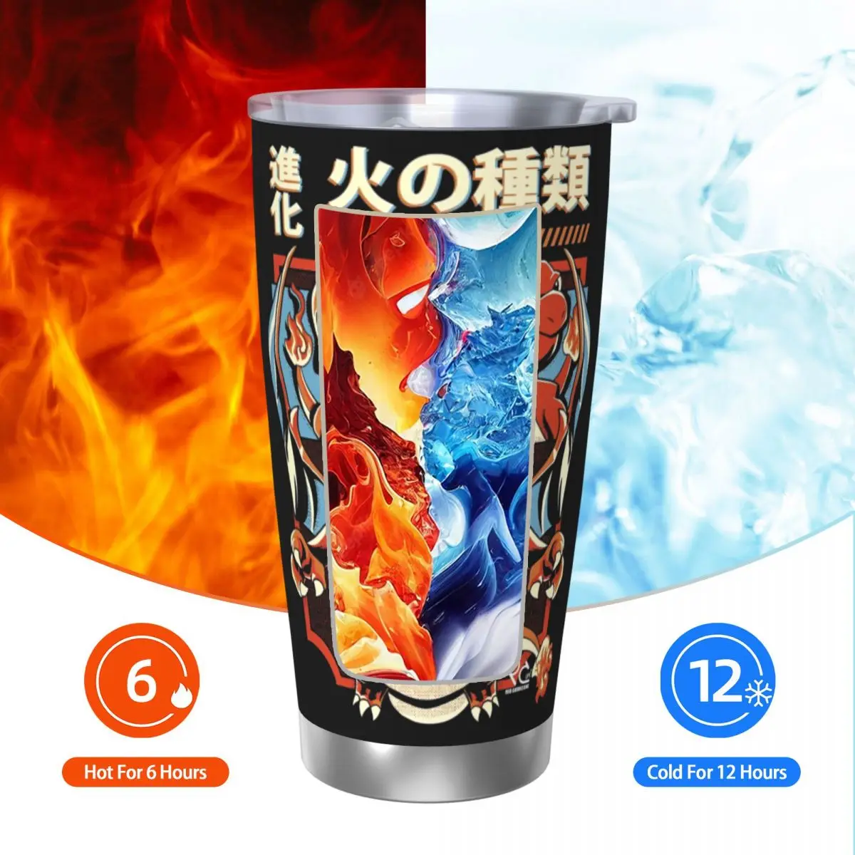 Gobelet isolé Pokemoned avec couvercle de pailles Charmander Charmeleon Charizard tasse thermique en acier inoxydable tasse de bouteille de voiture, 20 oz