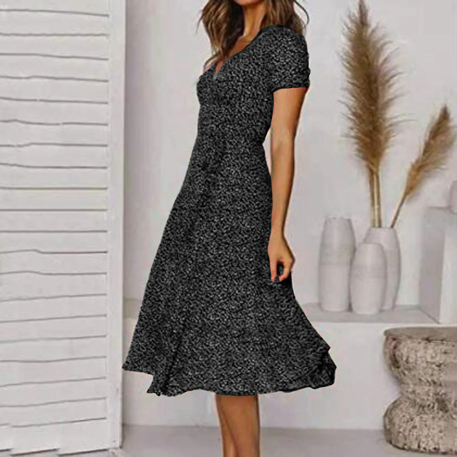 Summer Women\'s Sexy Short Sleeved V Neck Floral Polka Dot Printed Dress Casual Boho Beach Dress for Women Fashion Midi Sundress
