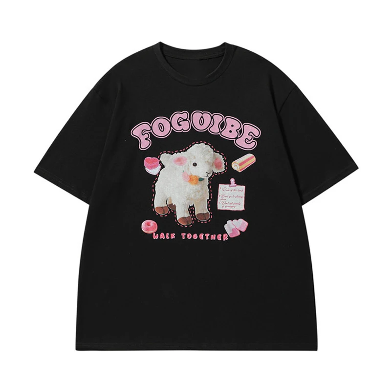 لطيف خروف تي شيرت مطبوع شارع العليا Harajuku قصيرة الأكمام الشارع الشهير التي شيرت بلايز الصيف المرأة عادية س الرقبة القوطي تي شيرت