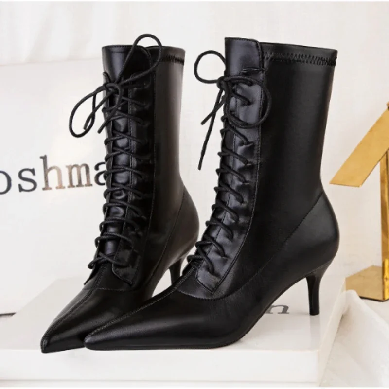 Lace Up Leathers Black High Ankle Boots Pointed Toe Fashion Brand Designer Short Boot  Fine Heel Sexy Fall Winter High Heels