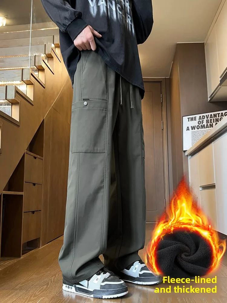 

Men's Fleece Lined Straight Leg Thick Casual Pants Autumn Winter Fashion Wide Leg Workwear Trousers Comfortable Loose Fit