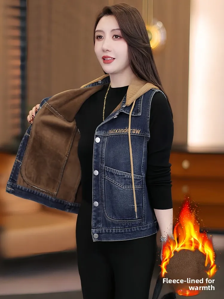 

Women's Short Sleeveless Embroidered Denim Jacket 2026 Winter New Design Shoulder Pad Vest Outerwear Stylish Commute Style