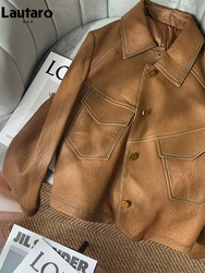 Lautaro Spring Autumn Short Brown Soft Pu Leather Jackets for Women New Arrival 2022 Cool Luxury Runway Fashion Outerwear