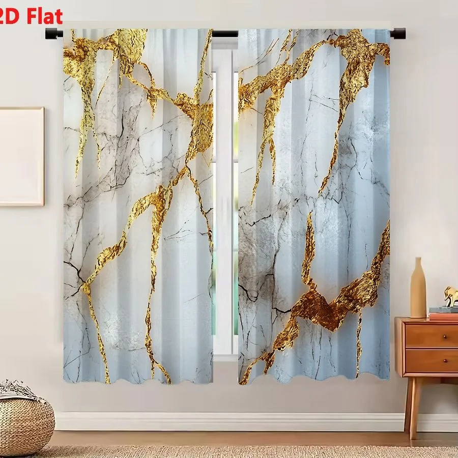 2Pcs Curtains Add 2D Flat White Marble Gold Leaf Texture Window Drapes for Bedroom Room Decor Decoration Window Treatment.