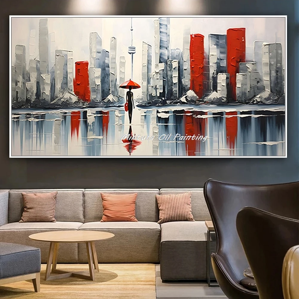 Mintura,Handpainted Architectural Landscape Oil Painting on Canvas,Modern Home Decor,Abstract Knife City Poster,Wall Art Picture