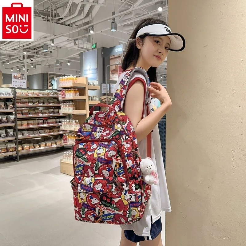 MINISO   Cute Bow Hello Kitty Large Capacity School Bag, Sweet and Versatile for Students, High Quality Nylon Contrast Backpack