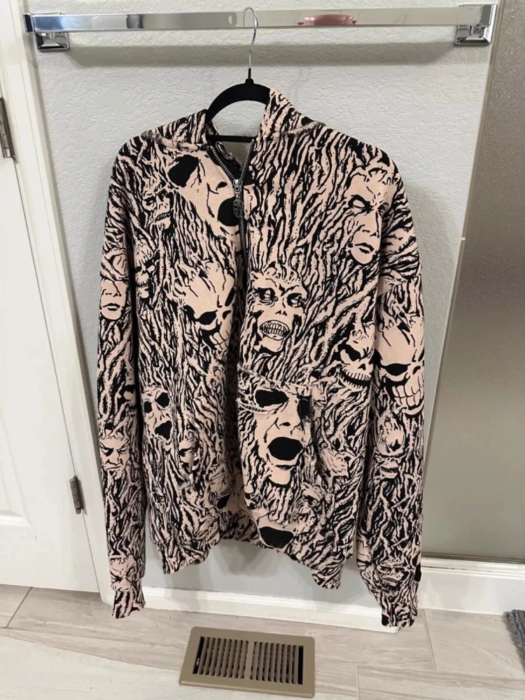 Męska bluza z kapturem w stylu amerykańskim dark vintage, streetwear, zapinana na zamek, Harajuku, luźny krój, casualowa, na jesień i zimę.