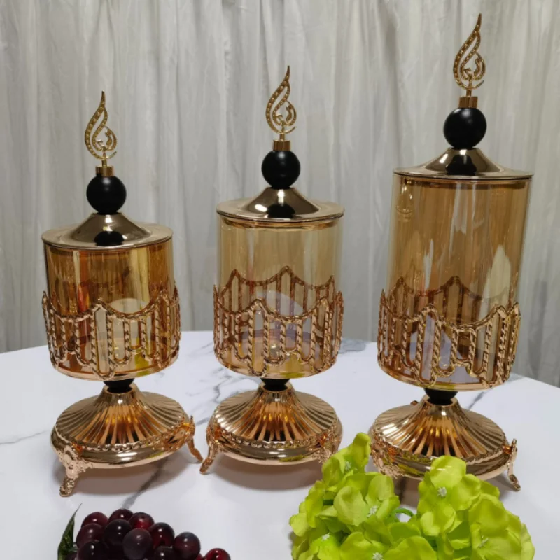 

Glass Candy Jar Stilt Storage Decor Gold Openwork Flower Arrangement Vase Jewelry Cosmetic Cotton Swab Candle Box