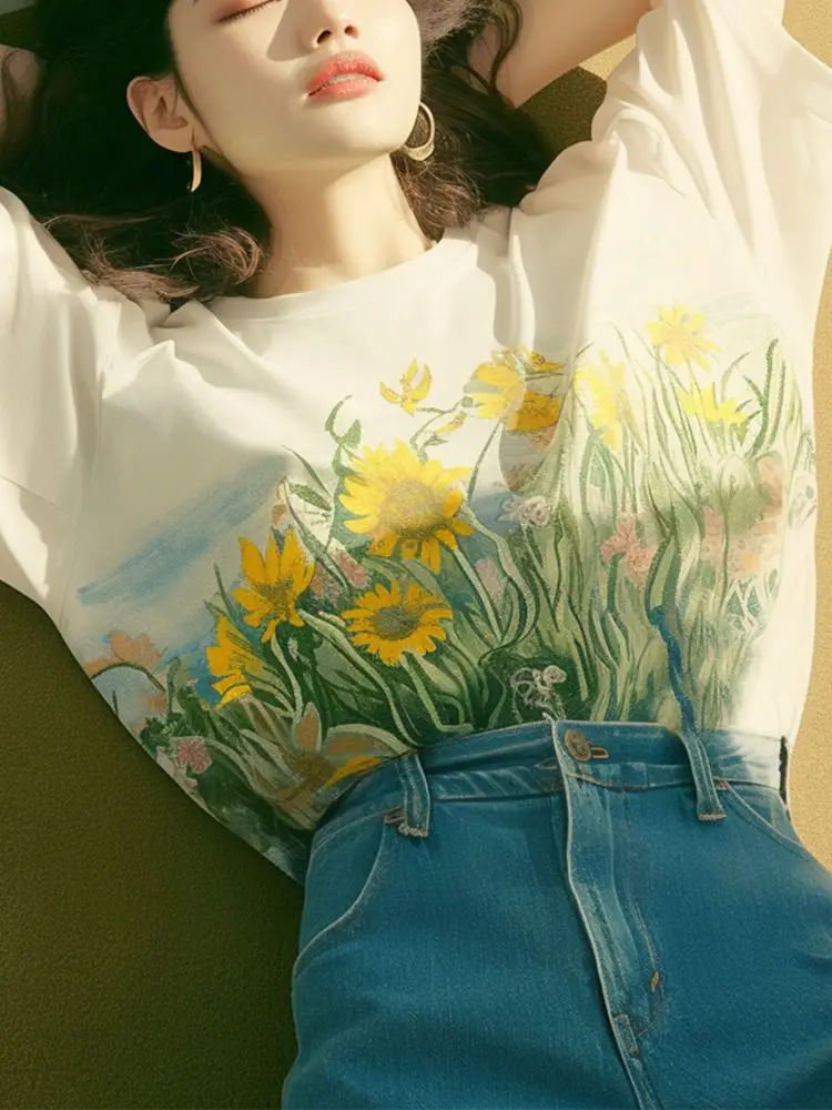 女性用の白いプリントTシャツ,ユニークなデザイン,超素敵でシックでかわいいトップス,油絵スタイル,夏のy2kトップス