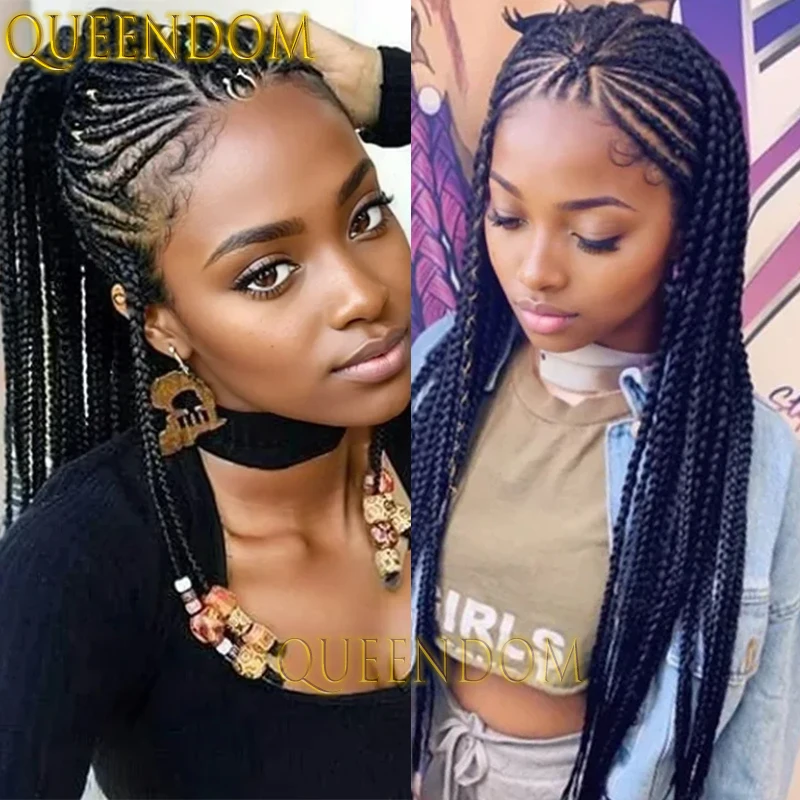 Full Lace Synthetic Brilliant Tribal Braid Wig 36’’ Crochet Box Braided Wig for African Women Knotless Cornrow Plaits Braids Wig