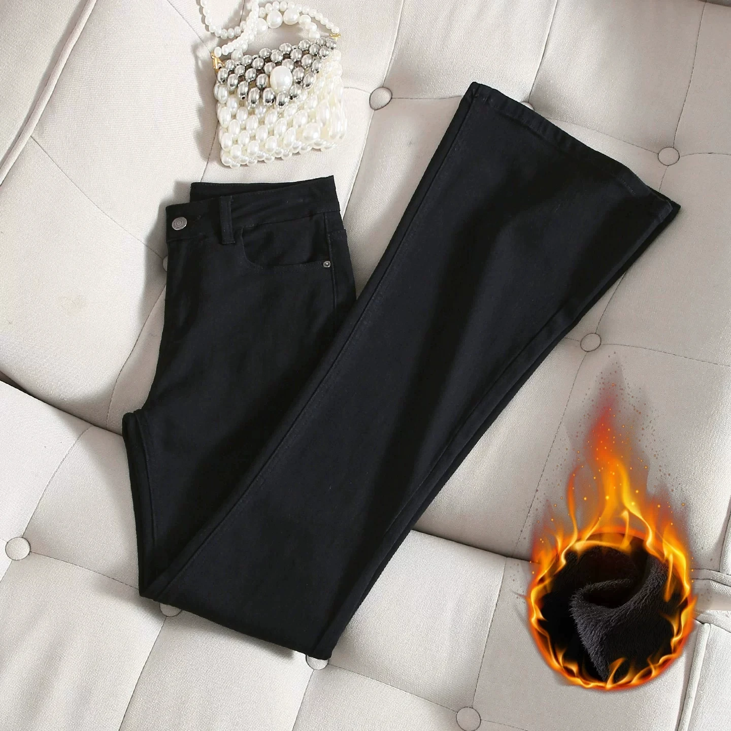 Retro American High Waist Fleece Lined Women's Jeans Bell Bottoms Slimming Effect Versatile Cotton Stretch Denim Autumn Winter
