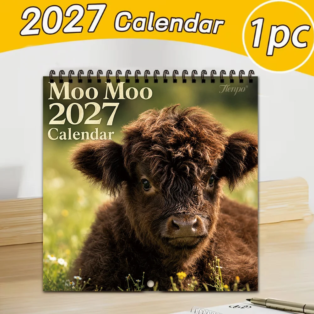 1pc 2027 Wall Calendar, Highland Cattle Theme,12-Month Monthly Planner,Perfect Gift For Back-to-School Season,Christmas,New Year