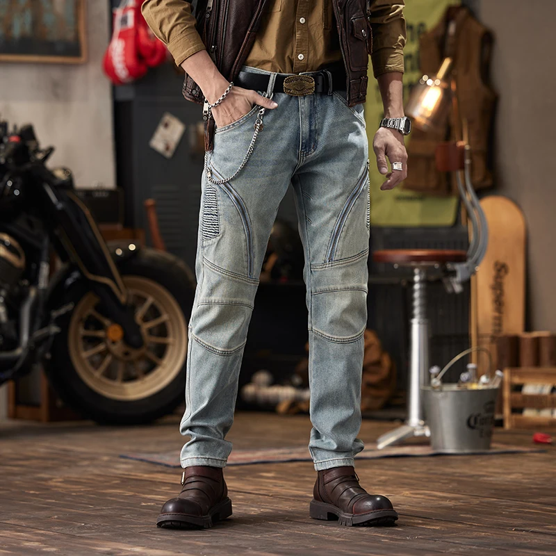 Retro jeans men's motorcycle high-end fashion slim-fitting cool craft stitching motorcycle distressed skinny trousers